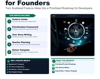 KI-Produkt-Road Map für Gründer, Priorisierung von Funktionen, Road Map für Entwicklung, Technologie-Lösung, Produktplanungs-Service