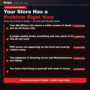 K&ouml;nnte beinhalten: Eine dunkel gestaltete Infografik mit dem Titel Your Store Has a Problem Right Now, die f&uuml;nf h&auml;ufige Website-Probleme mit roten X-Symbolen und Losing Sales-Abzeichen auflistet und mit einem roten Button Every issue above is fixable endet.