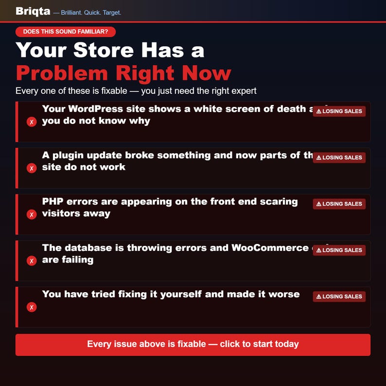 K&ouml;nnte beinhalten: Eine dunkel gestaltete Infografik mit dem Titel Your Store Has a Problem Right Now, die f&uuml;nf h&auml;ufige Website-Probleme mit roten X-Symbolen und Losing Sales-Abzeichen auflistet und mit einem roten Button Every issue above is fixable endet.