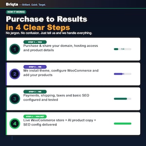 May include: An infographic titled Briqta Purchase to Results in 4 Clear Steps. It outlines a four-step process: purchasing and sharing domain details, installing themes and WooCommerce, configuring payments and SEO, and delivering a live store.