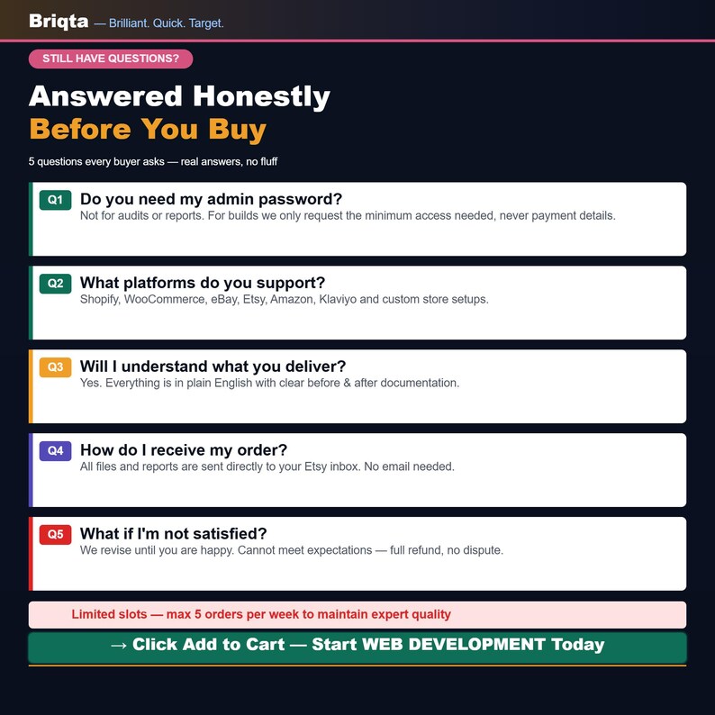 May include: A dark blue informational graphic titled Answered Honestly Before You Buy, featuring five numbered questions and answers regarding web development services, including platform support, delivery methods, and satisfaction policies.