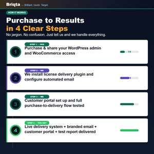 May include: An infographic titled Briqta Purchase to Results in 4 Clear Steps on a dark background. It outlines four numbered steps for a service process, including WordPress and WooCommerce access, plugin installation, portal setup, and final delivery.
