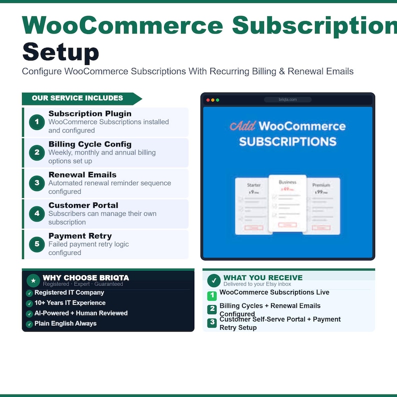 May include: An infographic titled WooCommerce Subscription Setup detailing services including subscription plugin installation, billing cycle configuration, renewal emails, customer portal, and payment retry logic, alongside a Briqta service overview.
