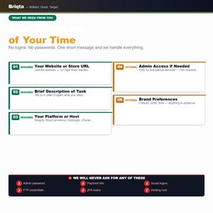 Może przedstawiać: Grafika informacyjna zatytułowana Briqta z nagł&oacute;wkiem Just 5 Minutes of Your Time. Zawiera pięć ponumerowanych wymagań, w tym adres URL witryny, opis zadania, platformę, dostęp administratora i preferencje marki oraz listę wykluczeń.