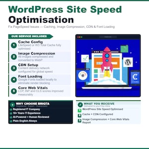 WordPress Speed Optimization, Fix PageSpeed Issues, Caching, Image Compression, CDN Setup, Font Loading Fix, Core Web Vitals