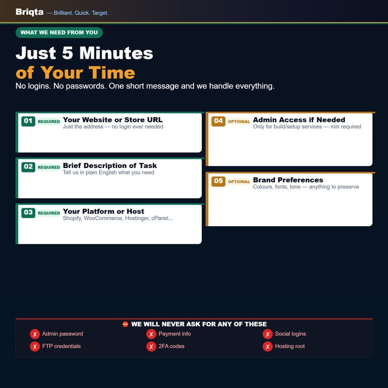May include: An informational graphic titled Briqta - Brilliant. Quick. Target. outlining a five-step process for service requests. It lists required fields like website URL, task description, and platform, plus optional fields for admin access and brand preferences.
