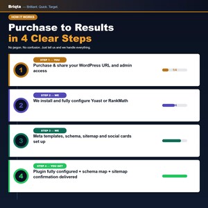 May include: An infographic titled Purchase to Results in 4 Clear Steps by Briqta. It outlines a four-step process for WordPress SEO configuration, detailing tasks like sharing URL access, installing Yoast or RankMath, and setting up schema and sitemaps.