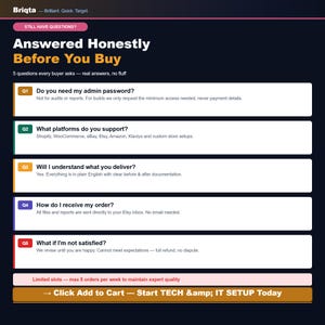 Puede incluir: Un gr&aacute;fico informativo de fondo oscuro titulado Answered Honestly Before You Buy, que presenta cinco preguntas numeradas y respuestas sobre detalles del servicio, plataformas compatibles y pol&iacute;ticas de satisfacci&oacute;n de Briqta.