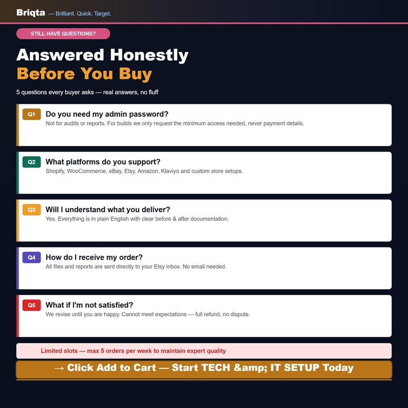 Puede incluir: Un gr&aacute;fico informativo de fondo oscuro titulado Answered Honestly Before You Buy, que presenta cinco preguntas numeradas y respuestas sobre detalles del servicio, plataformas compatibles y pol&iacute;ticas de satisfacci&oacute;n de Briqta.