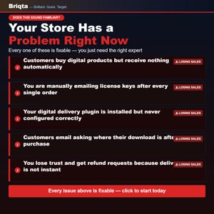 May include: A dark-themed infographic titled Your Store Has a Problem Right Now by Briqta. It lists five common e-commerce issues regarding digital product delivery, each marked with a red Losing Sales badge, and a red button labeled Click to start today.