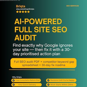 AI SEO Audit Report, Full Site Crawl, Competitor Analysis, 30 Day Action Plan, Technical SEO Fix List, Keyword Gap Report