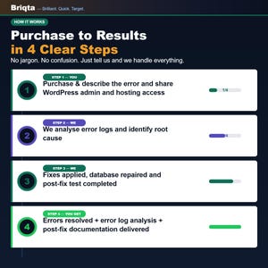 K&ouml;nnte beinhalten: Eine Infografik mit dem Titel Purchase to Results in 4 Clear Steps von Briqta. Sie beschreibt einen vierstufigen Prozess: Kauf und Fehlerbeschreibung, Protokollanalyse, Fehlerbehebung und Tests sowie die Bereitstellung der gel&ouml;sten Fehler.