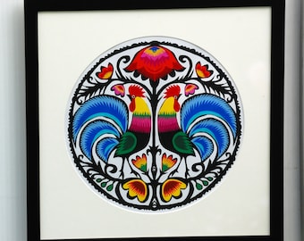 Original Framed Handmade Papercuts Wycinanki Collage 39x39cm - Traditional Polish Folk Art Roosters