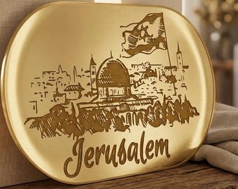 Cuadro decorativo con el horizonte de Jerusalén en acrílico dorado con efecto espejo. Decoración judaica.