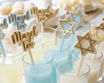 Agitadores de bebidas judíos: Mazel Tov, Estrella de David, Bienvenido Bebé (juego de 12)