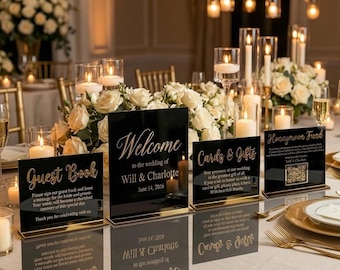 Paquete de letreros de boda acrílicos: bienvenida, libro de visitas, tarjetas de regalo y fondo para la luna de miel.