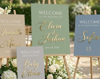 Letrero de bienvenida de boda acrílico pintado personalizado, letras doradas con espejo, decoración para eventos