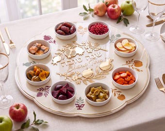 Rosh Hashanah Simanim Seder Plate with 8 Bowls, Acrylic Jewish New Year Tray, Gold Judaica, Shanah Tovah Table Decor, Yom Tov Gift