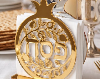 Servilletero de Pésaj acrílico con granada y espejo dorado – Decoración de mesa para el Séder judío