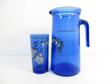Vintage Cobalt Blue Glass Pitcher And Tumbler - Bedside Cobalt Blue Water Pitcher and Glass