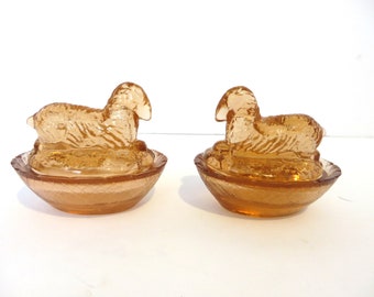 Vintage Glass Sheep Lamb Salt Cellars - Set of 2 Peach Pink Glass Sheep Covered Salt Cellars