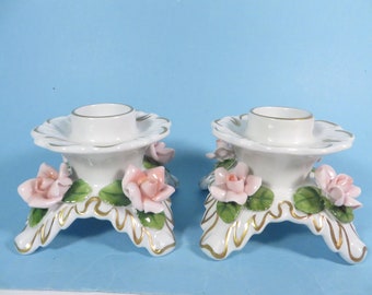 Vintage West Germany Alka-Kunst Porcelain Candlestick Holders - Alka Kunst Pink Rose Candle Holders