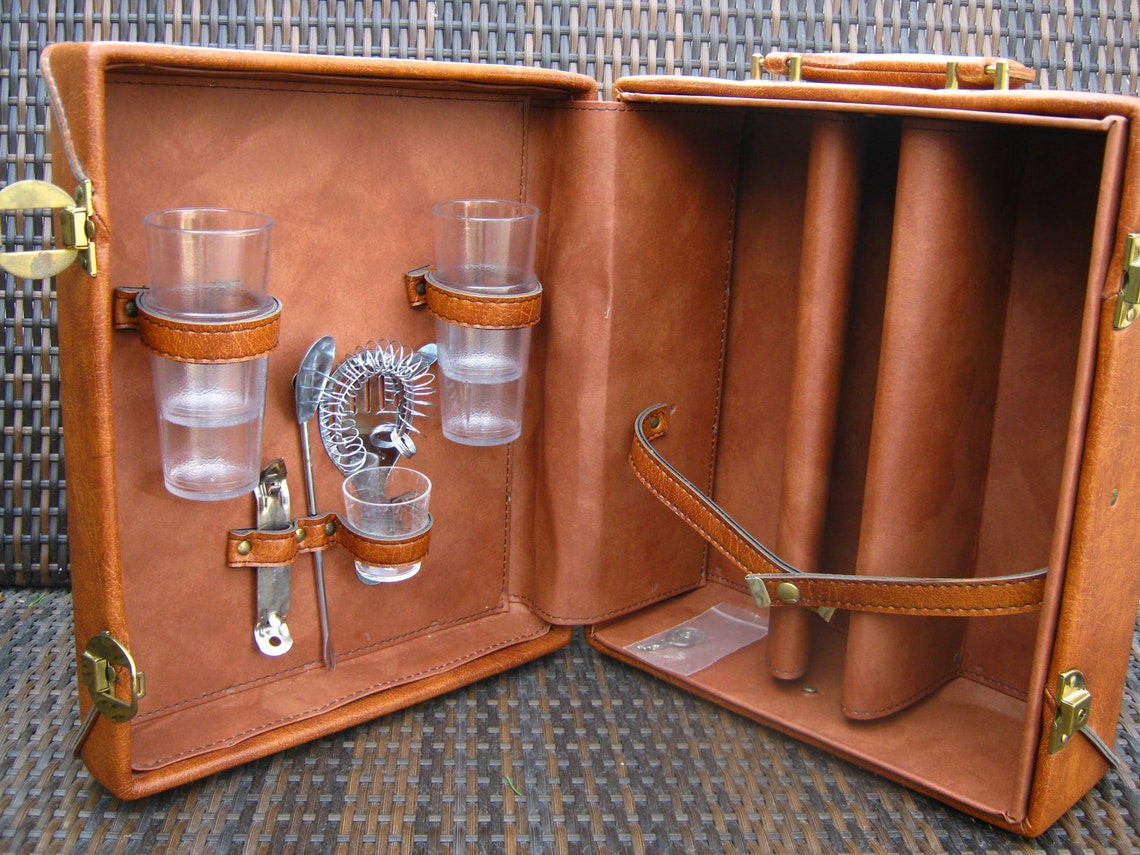 Retro Travel Bar Kit Faux Brown Leather Portable Bar Etsy
