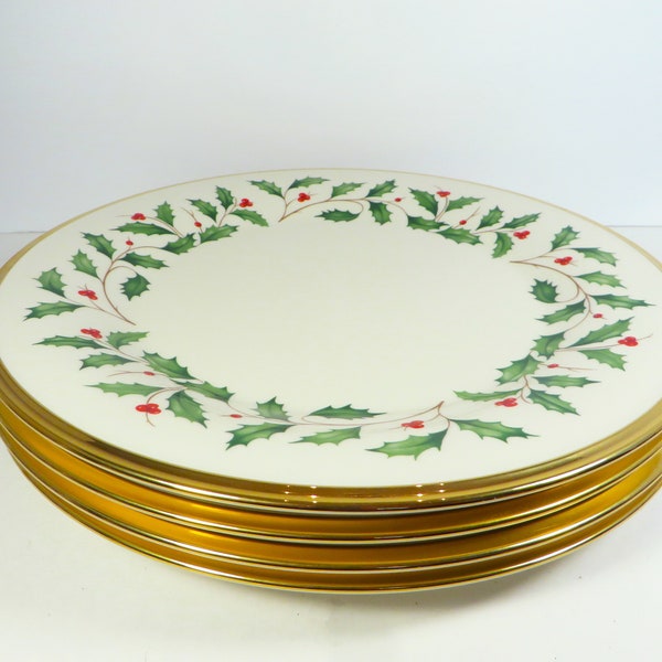 Vintage Lenox Holiday Dinner Plates - Set of 4 Lenox Holiday Cream Gold Rim Holly Dinner Plates