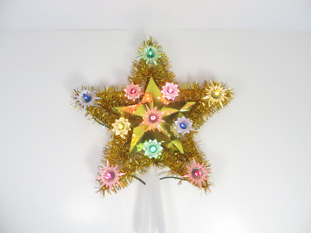 Vintage Gold Tinsel Lighted Star Tree Topper Gold Star Etsy