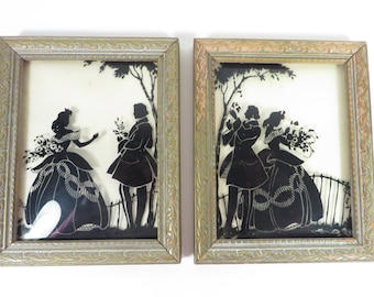 Vintage Reverse Painted Convex Glass Silhouette Pictures - Courting Man and Woman Silhouette