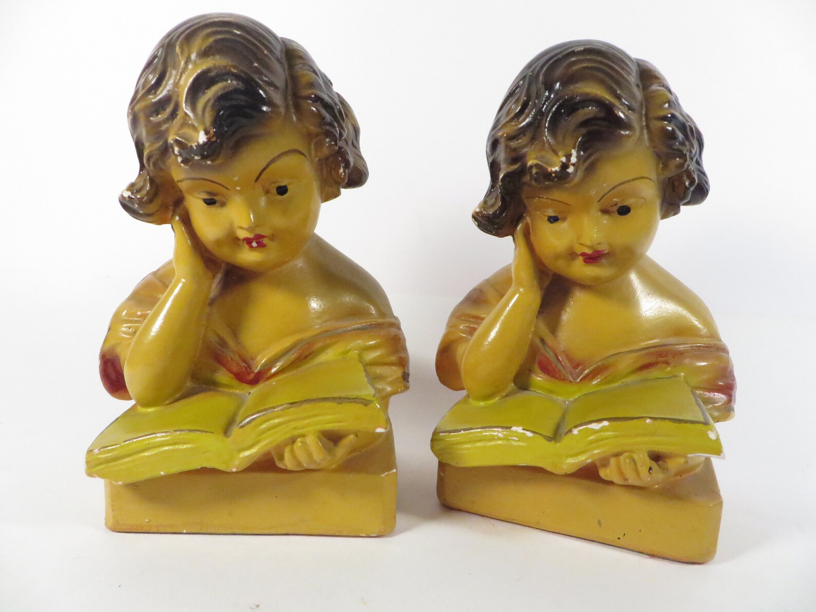 Mid Century Chalkware Reading Girl Bookends Vintage Etsy