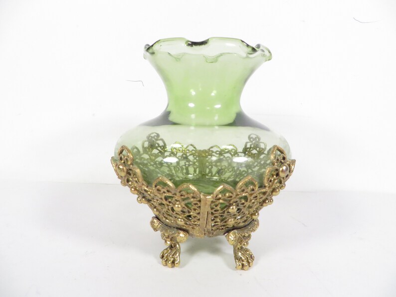Vintage Green Glass Vase Ornate Gold Stand Etsy