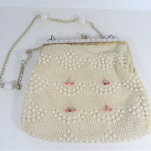 Vintage Cream Embroidered Flowers Plastic Bead Handbag - Made in Hong Kong Vintage Beaded Purse