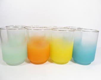 Mid Century Set of 8 Blendo Glass Tumblers - Beautiful Faded Mint Green, Orange, Yellow and Turquoise Glass Pitcher