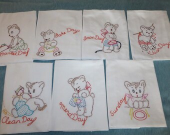 Vintage Set of 7 Embroidered Chore Day Kitchen Towels