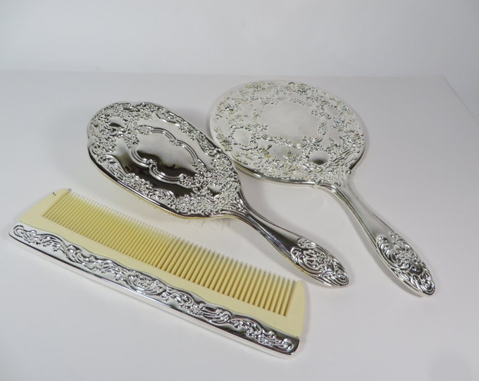 Silver Plate Vanity Set Vintage Silverplate Mirror, Brush and Comb Set