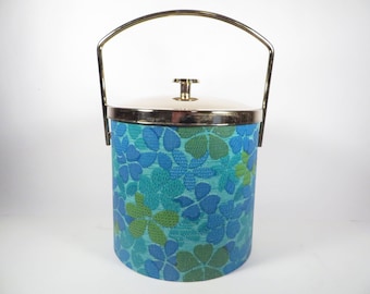 Mid Century Turquoise Flower Ice Bucket - Brass Lid Blue Flower Vinyl Ice Bucket