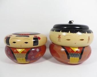 Vintage Japanese Lacquerware Kokeshi Doll Shaped Bento Trinket Bowls