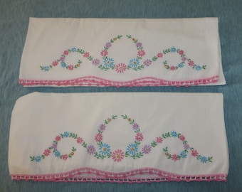 Vintage Embroidered Crocheted Pillow Cases - Handmade Embroidered Pillowcases Pink Flowers