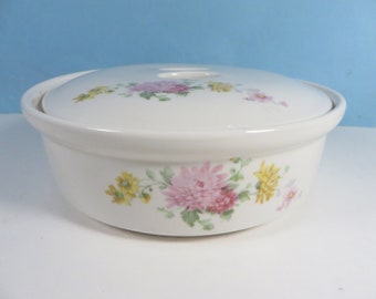 Vintage Coors Pottery Thermo Porcelain Casserole Dish with Lid Chrysanthemum Pattern