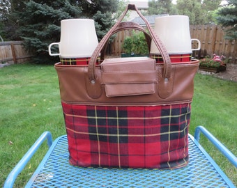 Vintage Thermos Red Plaid Thermoses and Sandwich Box Tote  - Vintage Red Plaid Bag Sandwich Tote