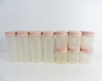 Vintage Set of Tupperware Modular Mates Spice Canisters - 10 Tupperware Soft Pink Spice Canisters