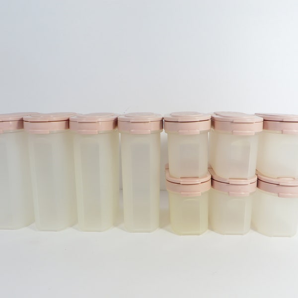 Vintage Set of Tupperware Modular Mates Spice Canisters - 10 Tupperware Soft Pink Spice Canisters