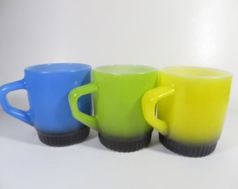 Mid Century Fire King Ombre Mugs - Green, Blue and Yellow Ombre Fire King Mugs