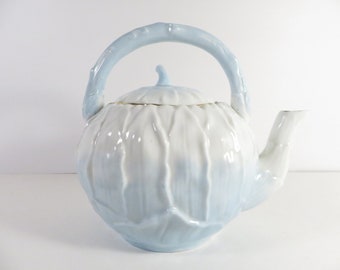 Vintage Soft Blue Cabbage China Teapot -  Soft Blue Cream Cabbage Shaped China Teapot