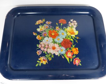 Vintage Deep Blue Tole Flowers Metal Tray - Vintage Navy Blue Flower Bouquet Tin Tray