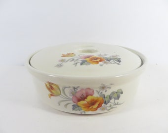 Vintage Coors Pottery Thermo Porcelain Casserole Dish with Lid Tulips Pattern