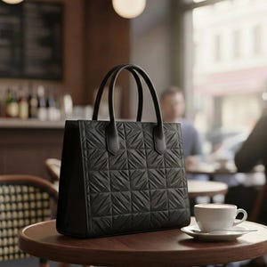 May include: A black tote bag with a geometric quilted pattern on a wooden table. The bag has two handles and a rectangular shape. A white coffee cup and saucer are next to the bag. The background is a cafe setting.
