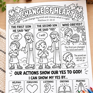 Puede incluir: Una página para colorear en blanco y negro titulada A Change of Heart con ilustraciones de la parábola de los dos hijos de Mateo 21: 28-32, con secciones para ayudar, perdonar, escuchar, obedecer y orar, además de varios textos.