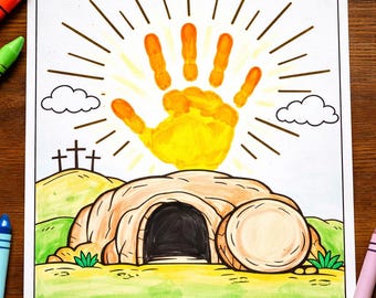 Easter Handprint Craft Printable | He is Risen Coloring Page | Empty Tomb Activity | Christian Kids Craft | Sunday School Easter Activity